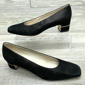 Salvatore Ferragamo Women's Black Satin Pumps Gold Accent Trim Size 9.5 AAA